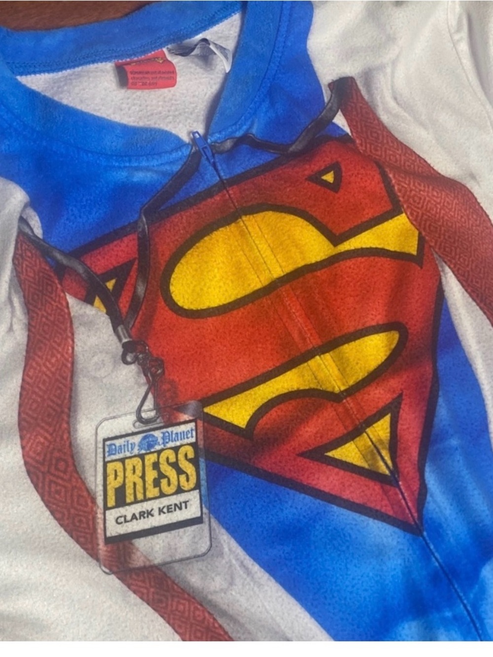 DC Comics Mens Superhero Jumpsuit in Blue/Red/Yellow with Press Badge